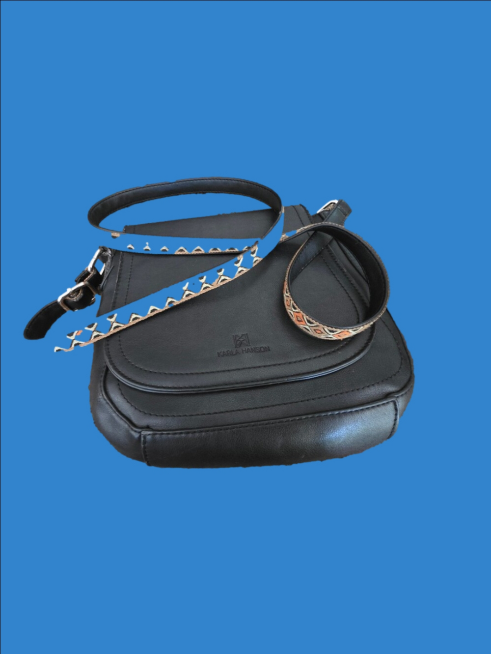 4/$67 Deal! Black Crossbody Bag with Patterned Strap